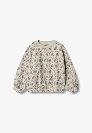 Felpa floreale grigia chiara con piccole rose rosa. Presenta un collo tondo, maniche arricciate e un orlo aderente. Tessuto morbido e testurizzato.