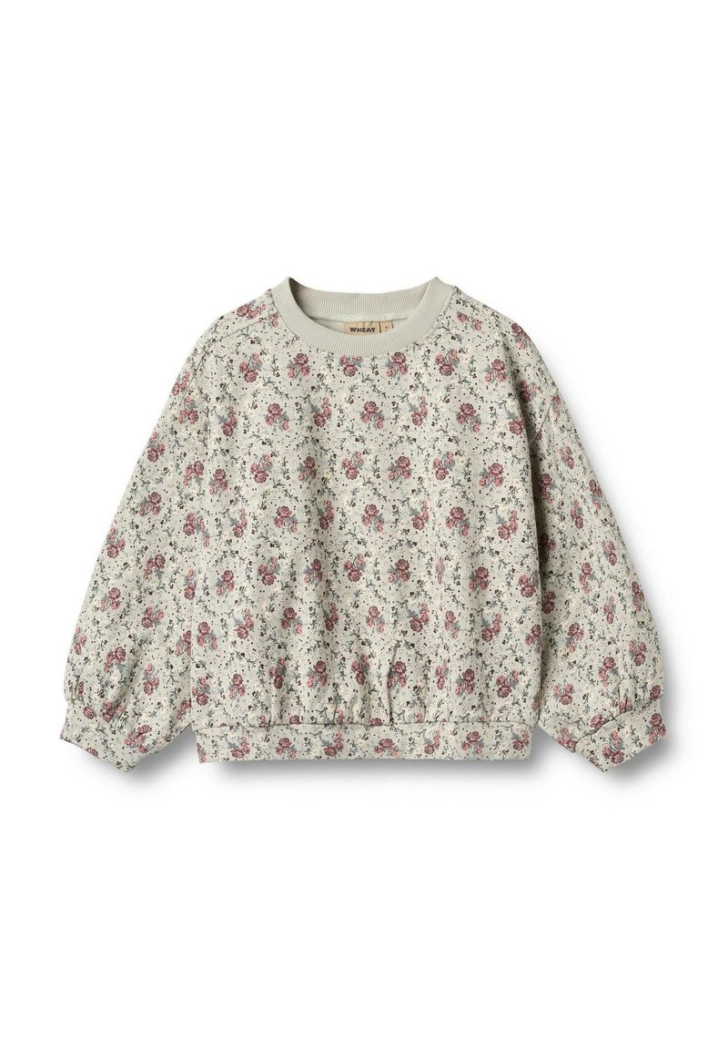 Felpa floreale grigia chiara con piccole rose rosa. Presenta un collo tondo, maniche arricciate e un orlo aderente. Tessuto morbido e testurizzato.