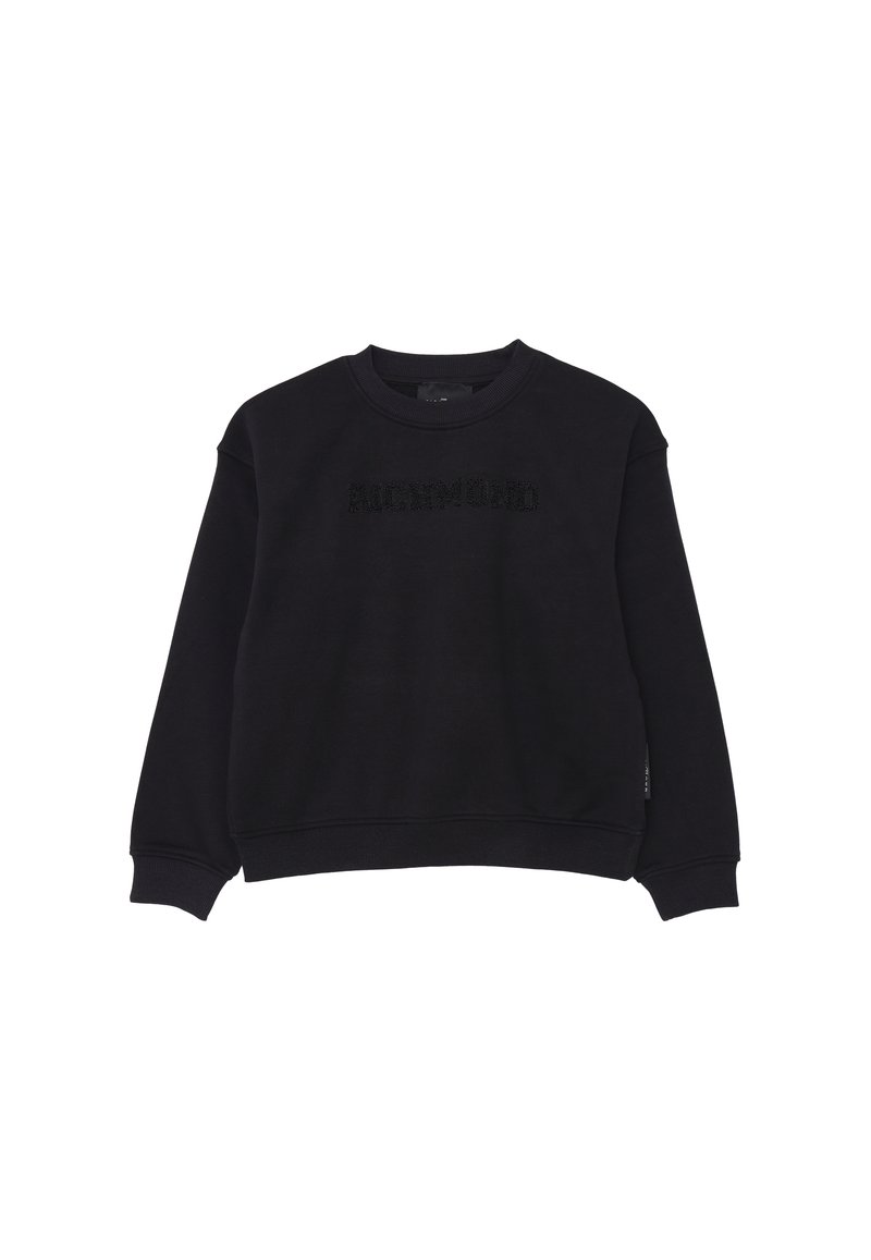 Felpa nera con colletto a girocollo, maniche lunghe, polsini e orlo a coste, e logo testurizzato "RICHMOND" sulla parte anteriore.