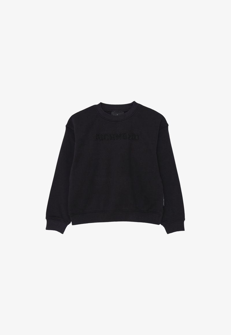 Felpa nera con colletto a girocollo, maniche lunghe, polsini e orlo a coste, e logo testurizzato "RICHMOND" sulla parte anteriore.