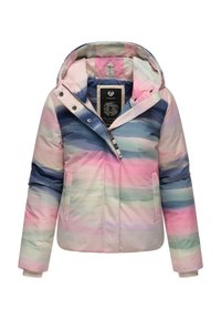 Veste matelassée multicolore avec capuche, ornée de rayures horizontales dans des teintes pastel de rose, bleu et vert, et dotée d'une fermeture éclair à l'avant.