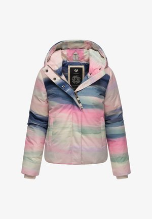 Giacca a vento multicolore con cappuccio, caratterizzata da strisce orizzontali in tonalità pastello di rosa, blu e verde, e una chiusura con zip frontale.