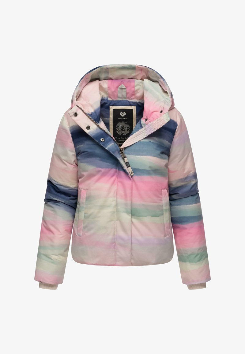 Multicolored puffer jacket with a hood, featuring horizontal stripes in pastel shades of pink, blue, and green, and a zippered front.