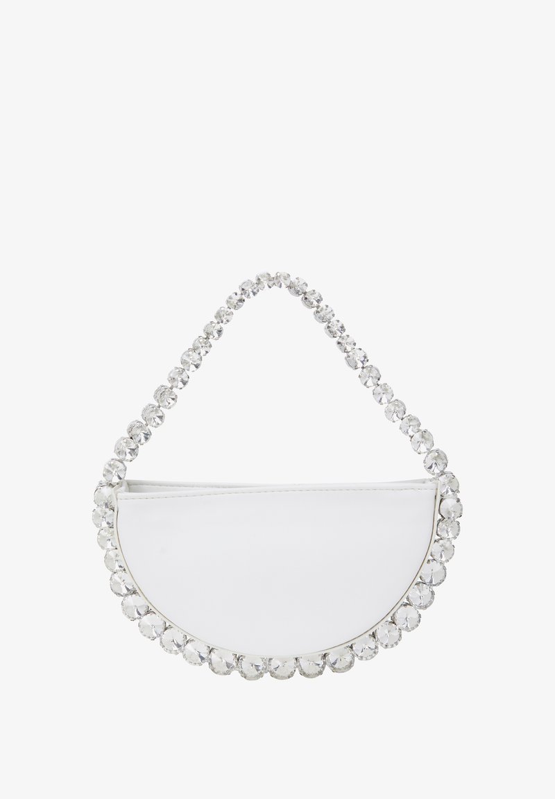 Fehér kézitáska, félkör alakú, az elején átlátszó strasszokkal díszítve. Sima felület, letisztult dizájn.