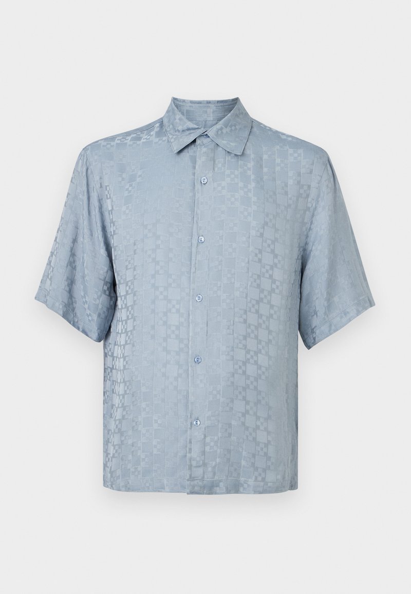 Light blue short-sleeve button-up shirt with subtle checkered pattern and classic collar on plain white background.
