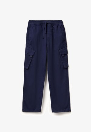 Pantalons cargo bleu marine en tissu résistant, dotés d'une taille élastique, d'un cordon de serrage et de deux poches cargo latérales.