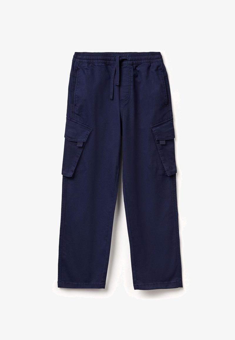 Námořnické modré cargo kalhoty vyrobené z odolného materiálu, s elastickým pasem, šňůrkou a dvěma postranními cargo kapsami.