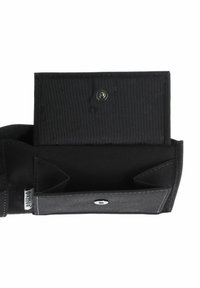 Black fabric wallet with a snap closure, featuring multiple card slots and a smooth texture, designed for compact storage and accessibility.