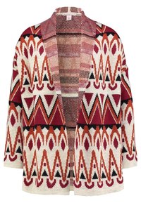 Mönstrad cardigan med öppen front, prydd med geometriska mönster i rött, orange och svart på en krämfärgad bakgrund. Stickad textur.