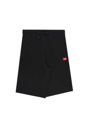 Pantaloncini neri fino al ginocchio con fascia elastica in vita e coulisse, con un piccolo logo rettangolare rosso sul lato destro.