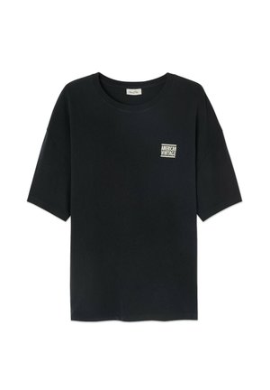Black cotton T-shirt with short sleeves, round neckline, and a small white square logo that reads "AMERICAN VINTAGE" on the front.