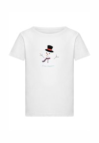 Witte katoenen t-shirt met een cartoon sneeuwman met een zwarte hoge hoed, een kleurrijke sjaal en de tekst "STAY FROSTY" onder het ontwerp.