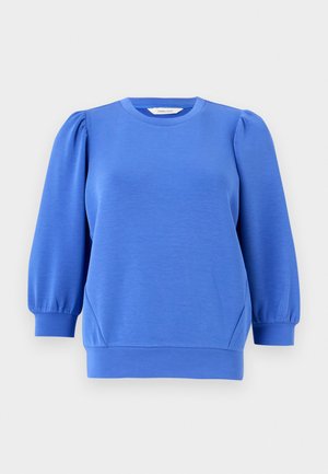 Blue pullover sweatshirt with long, puffed sleeves, round neckline, and ribbed cuffs. Smooth texture and relaxed fit.