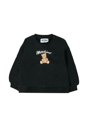 Felpa nera con grafica di un orsetto e testo "Moschino". Realizzata in tessuto morbido con polsini e colletto a costine. Dettagli con bottoni sulla spalla.