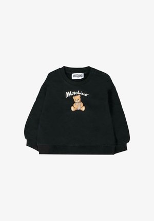 Felpa nera con grafica di un orsetto e testo "Moschino". Realizzata in tessuto morbido con polsini e colletto a costine. Dettagli con bottoni sulla spalla.