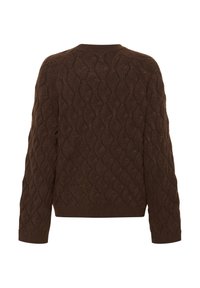 Pullover en tricot marron présentant un motif en diamant texturé, un col rond et des manches longues. Le tissu semble doux et confortable.