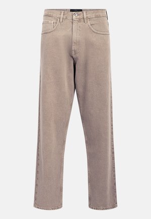 Light beige straight-leg jeans with a slightly faded texture, five-pocket design, and metal button closure. Prominent stitching details.