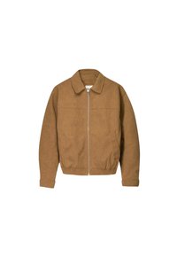 Veste en daim marron à fermeture éclair avec col, poches latérales, taille élastique et détail de panneaux cousus sur le devant.