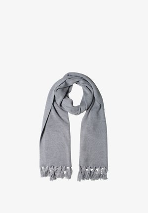 Sciarpa grigia lavorata a maglia con estremità frangiate, caratterizzata da una consistenza morbida e un design semplice e rettangolare adatto per uno stile versatile.