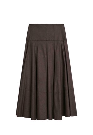 Brun, udvidet nederdel i et tekstureret stof, med en høj talje og draperinger, der falder til midt-calv længde, med en A-formet silhuet.