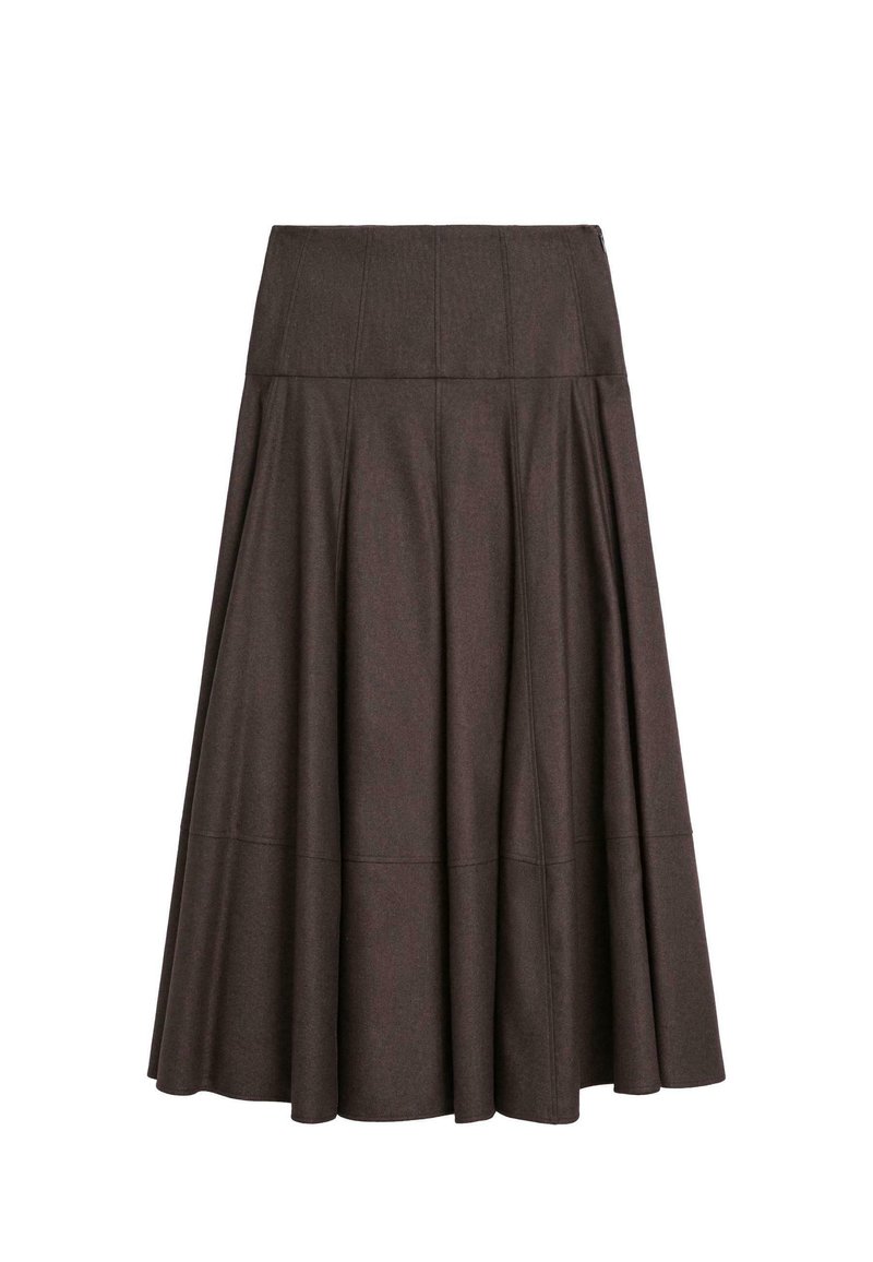 Gonna a campana marrone in tessuto texturizzato, con una vita alta arricchita da pieghe, che arriva a metà polpaccio, con una silhouette a forma di A.