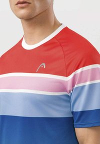 Rood, blauw en roze gestreept sportshirt met een ronde halslijn en korte mouwen, gemaakt van ademend meshmateriaal. Subtiele logo op de borst.