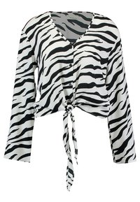 Blusa in stampa zebrata bianca e nera con maniche lunghe, scollo a V, chiusura con bottoni e dettaglio di fiocco frontale, realizzata in tessuto leggero.