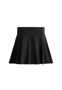 Jupe mini évasée noire avec une large taille et un tissu lisse, présentée sur un fond blanc.