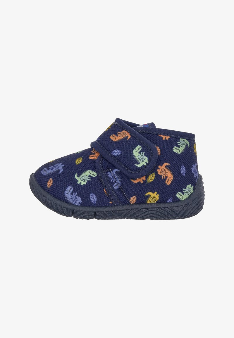 Chaussure bébé bleu marine avec motifs colorés de dinosaures et de feuilles, munie d’une bride Velcro unique et d’une semelle noire texturée.