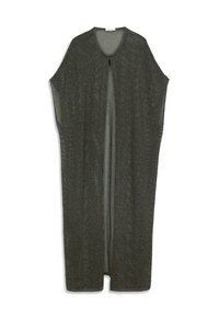 Cárdigan de manga larga y abertura frontal, confeccionado en tela de malla oscura con un patrón texturizado, que presenta un escote redondeado y una silueta relajada.