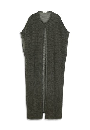 Cardigan à manches longues et ouverture frontale, fabriqué en tissu mesh foncé avec un motif texturé, présentant un col arrondi et une silhouette décontractée.