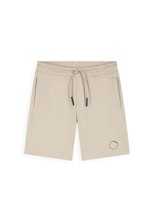Beige short met trekkoord, elastische tailleband, zijzakken en een cirkelvormig logo op het linkeronderbeen.
