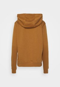 Brun huvtröja med långa ärmar, tillverkad av mjukt material. Har en avslappnad passform, ribbade muddar och en enkel design. Bakvyn visas.