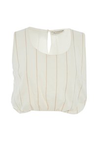Blusa bianca senza maniche con righe verticali beige, colletto rotondo e una piccola apertura a goccia sul retro, caratterizzata da un fondo leggermente arricciato.