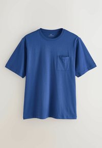 Blaues Baumwoll-T-Shirt mit rundem Halsausschnitt, kurzen Ärmeln und einer Brusttasche. Glatte Textur mit einfarbigem Design und entspannter Passform.