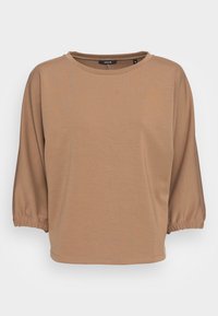 Hellebraune Damenbluse mit Dreiviertel-Ballonärmeln und rundem Ausschnitt, ausgestattet mit elastischen Bündchen und geradem Saum.