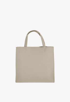 Beige keinonahkainen olkalaukku, jossa on kaksi kahvaa, suorakulmainen muoto, teksturoitu pinta ja minimalistinen muotoilu. Ei näkyvää metalliosaa tai koristeita.