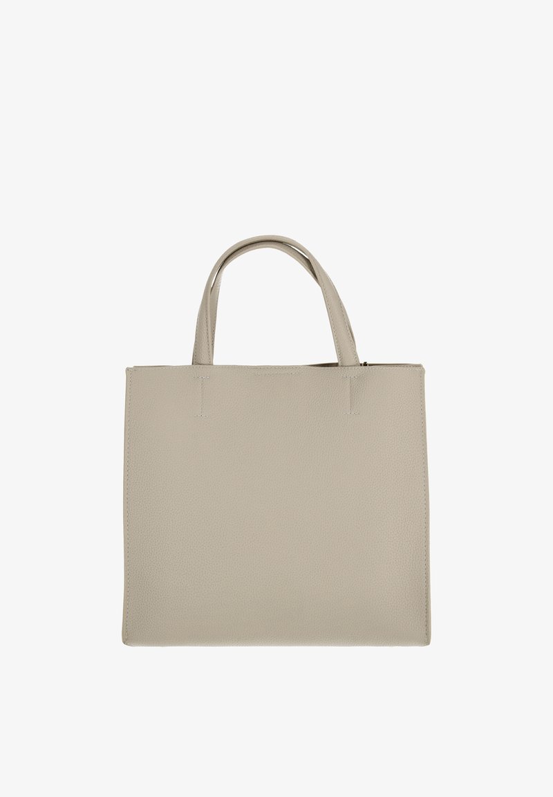 Bézs színű műbőr bevásárlótáska két fogantyúval, téglalap alakú, texturált felülettel és minimalista dizájnnal. Látható fémalkatrész vagy díszítés nélkül.