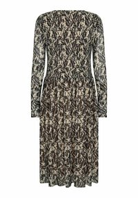 Langarmkleid mit gerafftem Bund, aus einem leichten Stoff mit einem schwarz-beigen abstrakten Muster.
