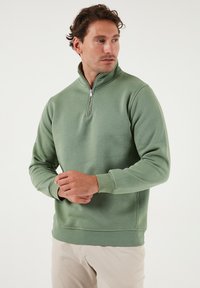 Green pullover sweatshirt with a half-zip collar, ribbed cuffs, and hem. Smooth, soft fabric with a slightly shiny texture, casual fit.