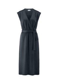 Tummanharmaa kietaisumekko, jossa on lyhyet hihat, V-pääntie, joustava vyötärö ja yhteensopiva vyö. Sileä kangas ja nilkkapituinen muotoilu.