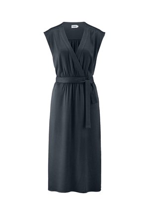Dunkelgraues Wickelkleid mit kurzen Ärmeln, V-Ausschnitt, elastischem Bund und passendem Gürtel. Glattes Material und knöchellanges Design.