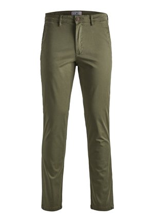Olive green chino pants made of smooth fabric, featuring a button closure, side pockets, and a tapered leg design.