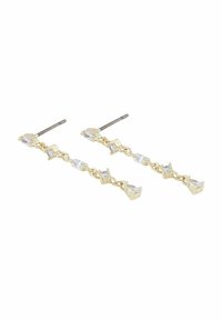 Guldtonade hängande örhängen med en länkad kedjedesign, accentuerade med klara, rektangulära och droppformade kristaller.