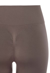 Brown high-waisted leggings with a ribbed waistband, smooth texture, and a fitted design. Features a subtle seam down the center.
