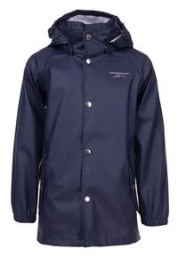 Marine waterdichte regenjack met capuchon, voorste drukknoopsluiting, elastische manchetten en zijzakken. Voorzien van een logo op de borst. Soepele textuur.