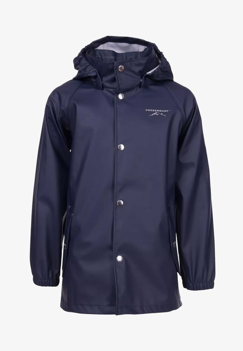 Laivasto sininen vedenpitävä sadetakki huppulla, etuosassa napit, joustavat hihansuut ja sivutaskut. Rinnassa on logo. Silkkinen pinta.