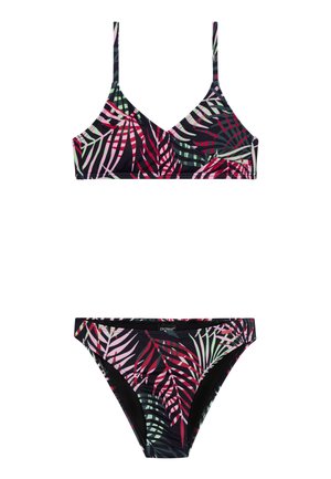 Zwarte bikini set met een geometrisch bladpatroon in tinten roze en groen. De top heeft dunne bandjes, terwijl de onderkant een klassieke snit heeft.