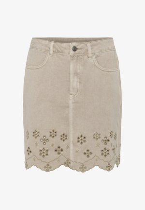 Fustă din denim bej cu nasturi în față, buzunare și broderie florală decupată de-a lungul tivului ondulat.