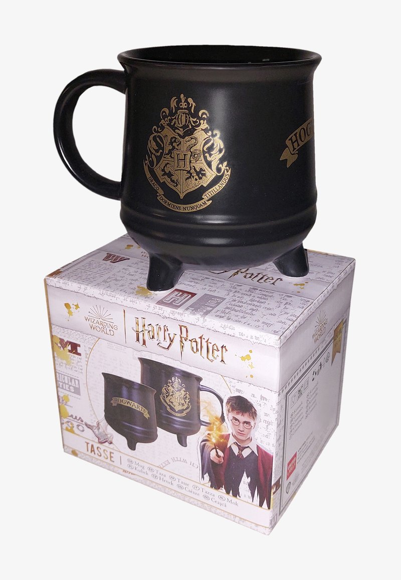 Schwarzer Kessel-mit goldenem Hogwarts-Wappen und Text, mit drei Füßen und einem Griff, auf einer dekorativen Schachtel präsentiert.